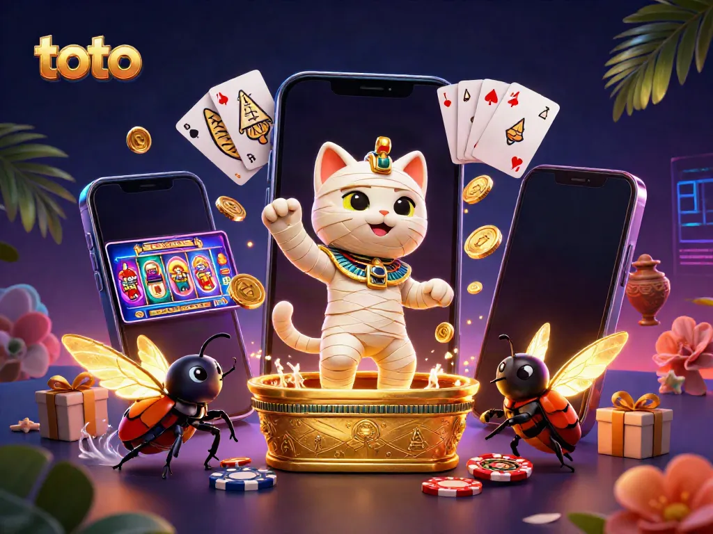 Experience thrilling gameplay with toto-themed slots and vibrant 3D casino elements in a dynamic scene.