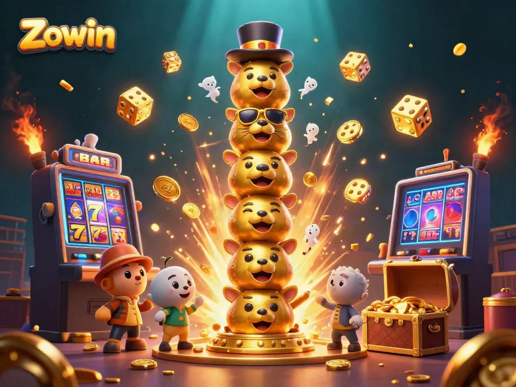 Zowin showcases vibrant 3D gaming elements with a dynamic slot machine and totem characters.