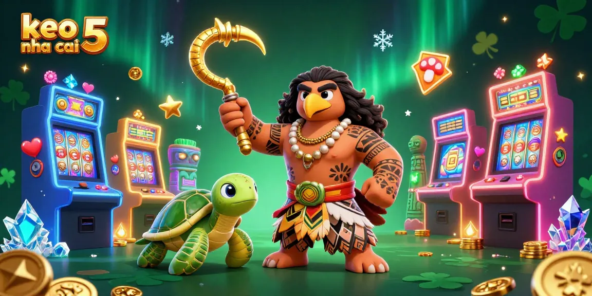 Engage with keo nha cai 5 through a thrilling 3D cartoon illustration featuring vibrant slot machines and colorful characters.