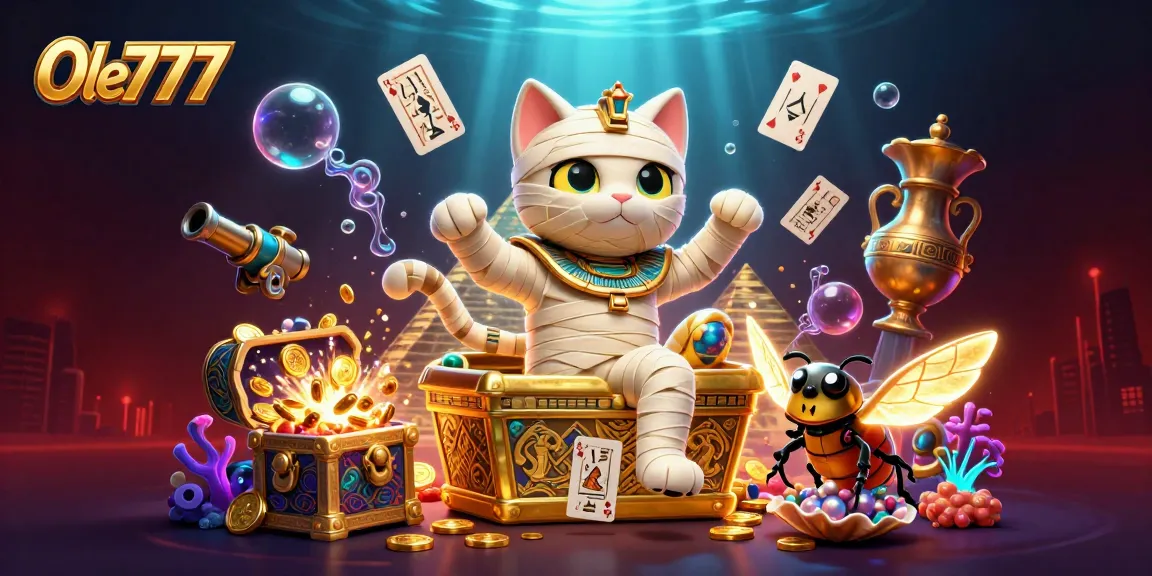 Experience high-stakes action with Ole777 in a vibrant casino scene featuring a mummy cat and treasures.