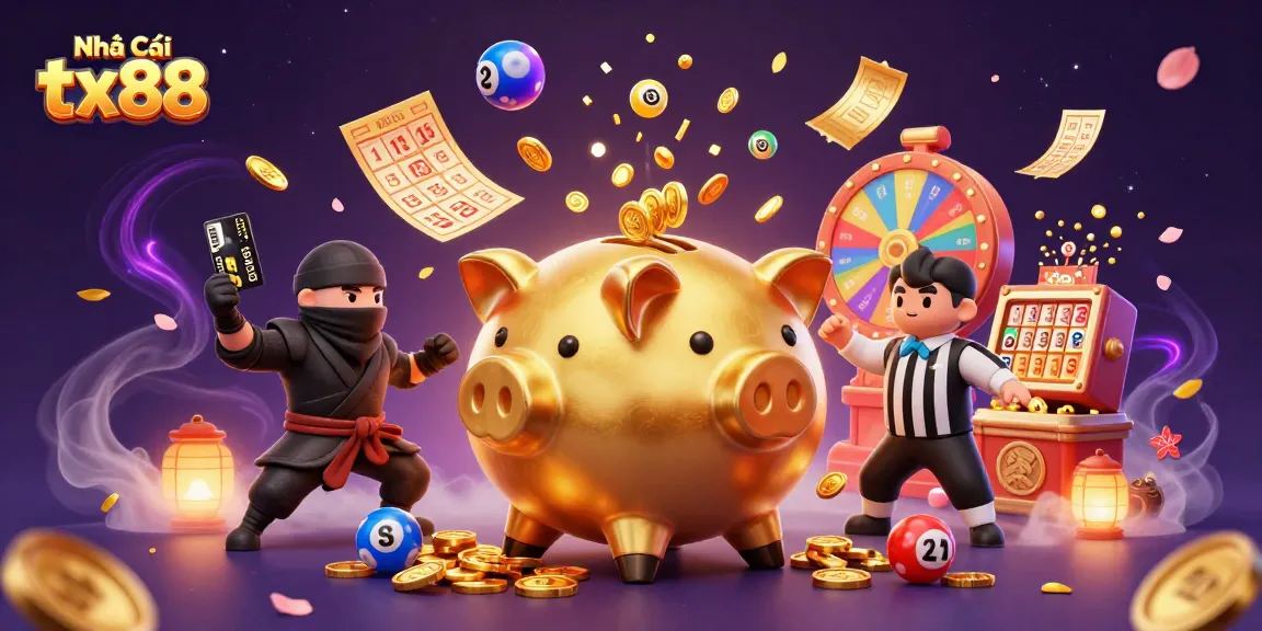 Engage with Nhà Cái tx88 as you witness a lively scene of a sumo wrestler piggy bank, ninja, and samurai.