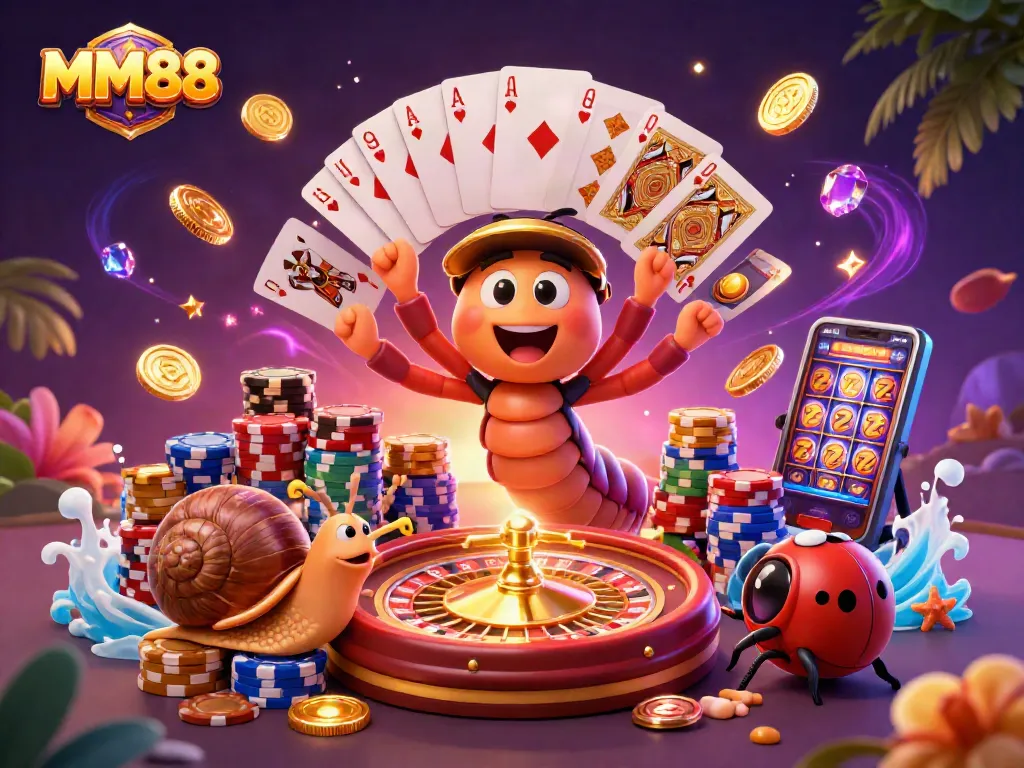 Experience the excitement of MM88 with a captivating casino scene featuring colorful characters and dynamic visuals.
