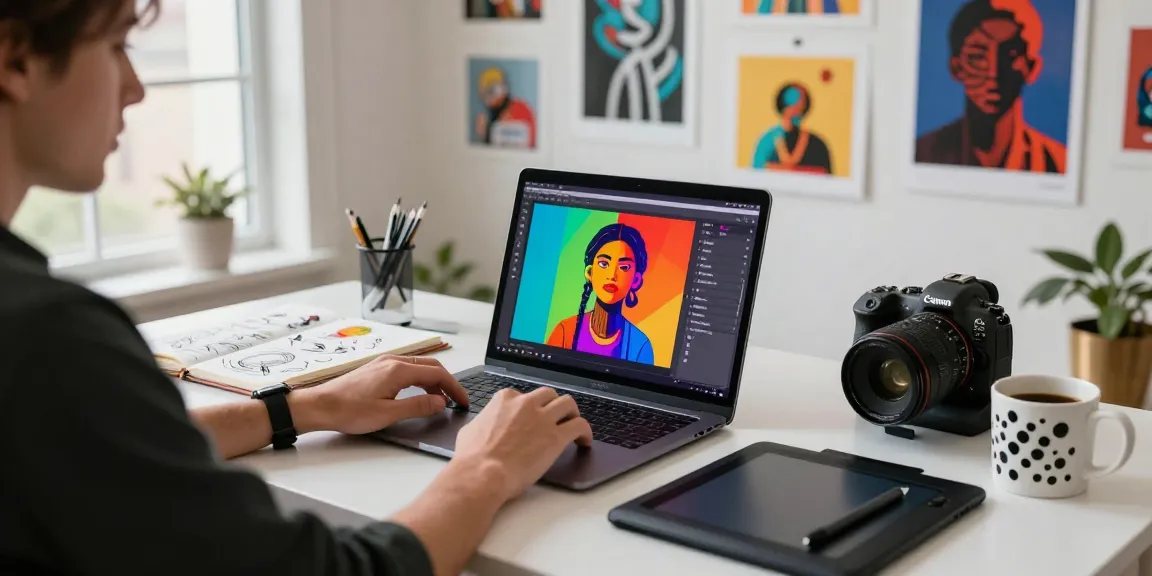 Digital content creator working on NSFW art in a bright urban workspace.