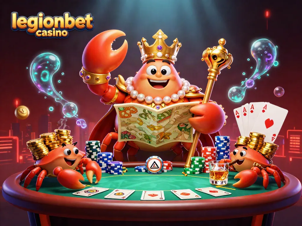 Join the thrilling action at legionbet casino with a dynamic 3D scene of a golden crab emperor and vibrant poker elements.