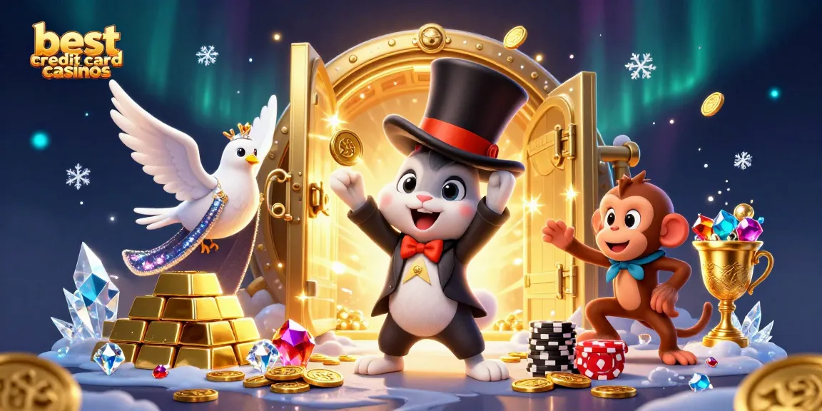 Experience the excitement at the best credit card casinos with a dynamic scene of a magician rabbit, glamorous dove, and mischievous monkey.