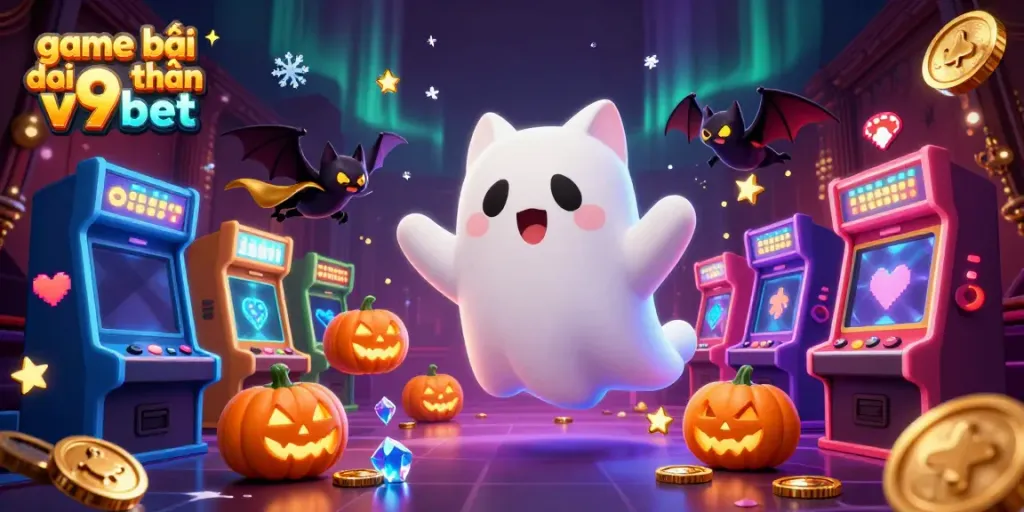 Experience the thrill of game bài đổi thưởng v9bet with a dynamic scene of a ghost cat and vibrant casino elements.