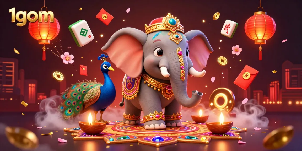 Experience the vibrant casino scene featuring 1gom, where the colorful elephant and peacock symbolize lucky rewards in this engaging gambling illustration.