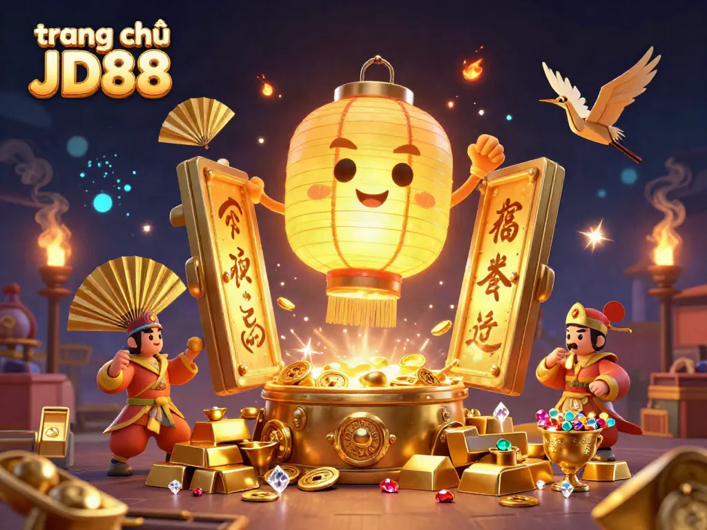 Experience winning at trang chủ JD88 with a vibrant 3D illustration featuring a golden lantern spirit surrounded by treasures.