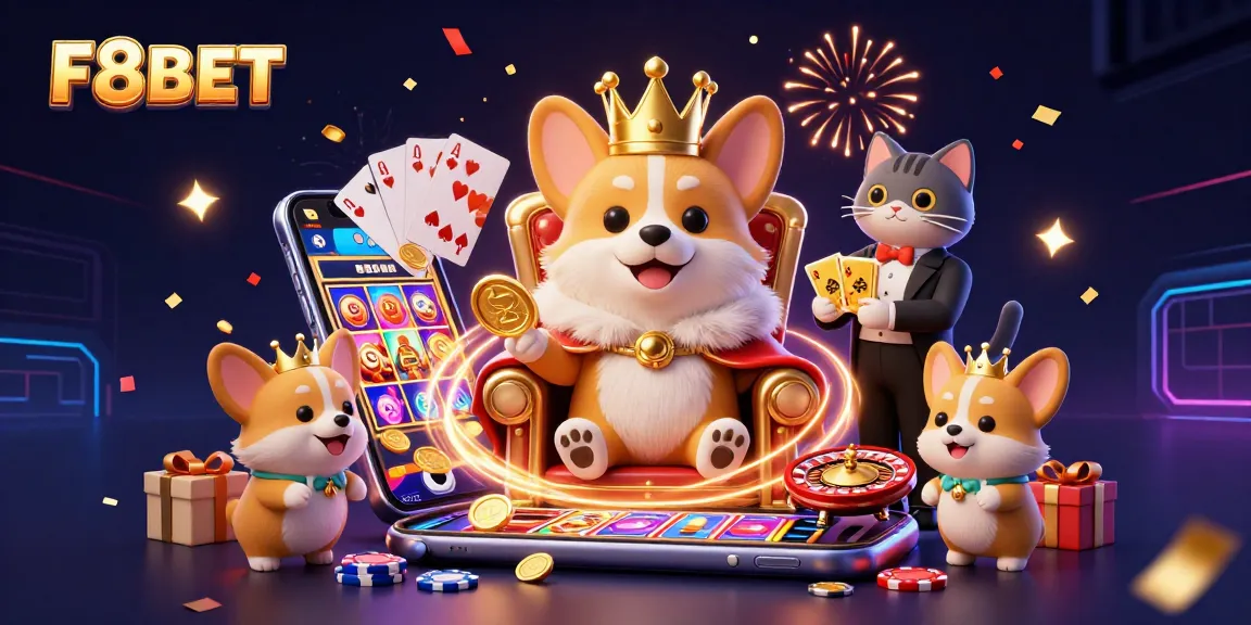 Experience F8BET's exciting world with golden cards, poker chips, and a royal corgi throne party.