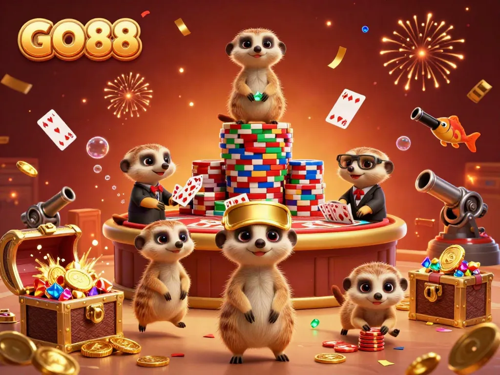 Experience thrilling moments at GO88 with meerkats running a lively casino surrounded by vibrant game elements.