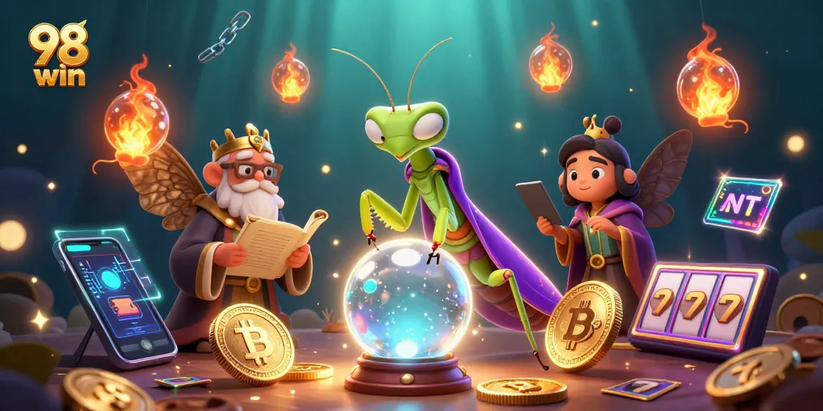 Engage in thrilling gameplay at 98 win with a cartoon fortune teller and crypto elements in a vibrant casino.