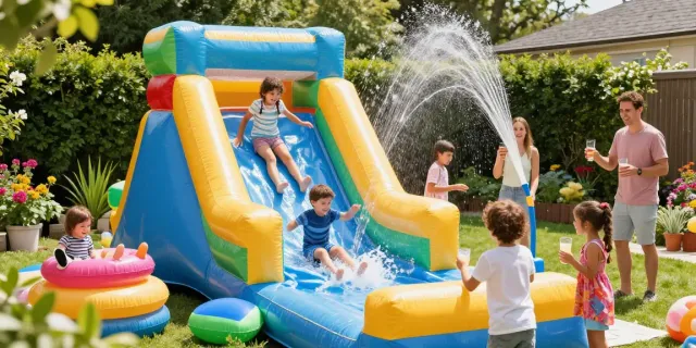 Children enjoying a water slide at a vibrant summer garden party.