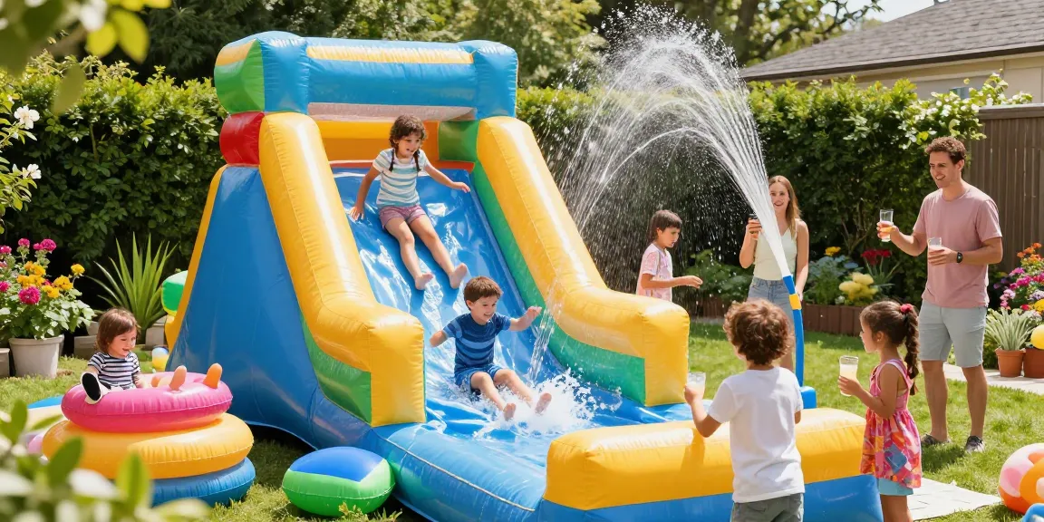Children enjoying a water slide at a vibrant summer garden party.