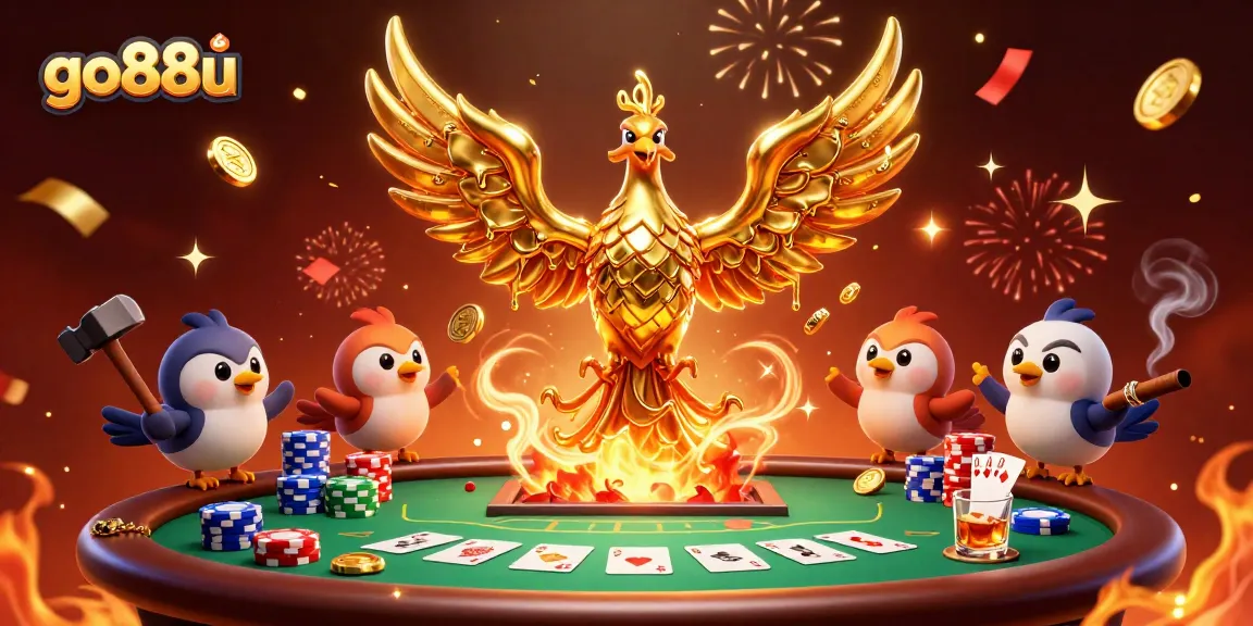 Experience the thrilling action of go88u's casino with vibrant 3D golden phoenix amidst poker elements.