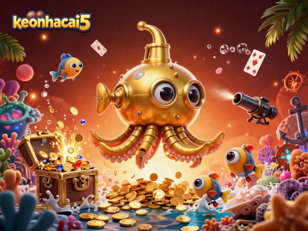 Engage with keonhacai5's thrilling underwater adventure featuring a golden kraken submarine amid shimmering treasures.