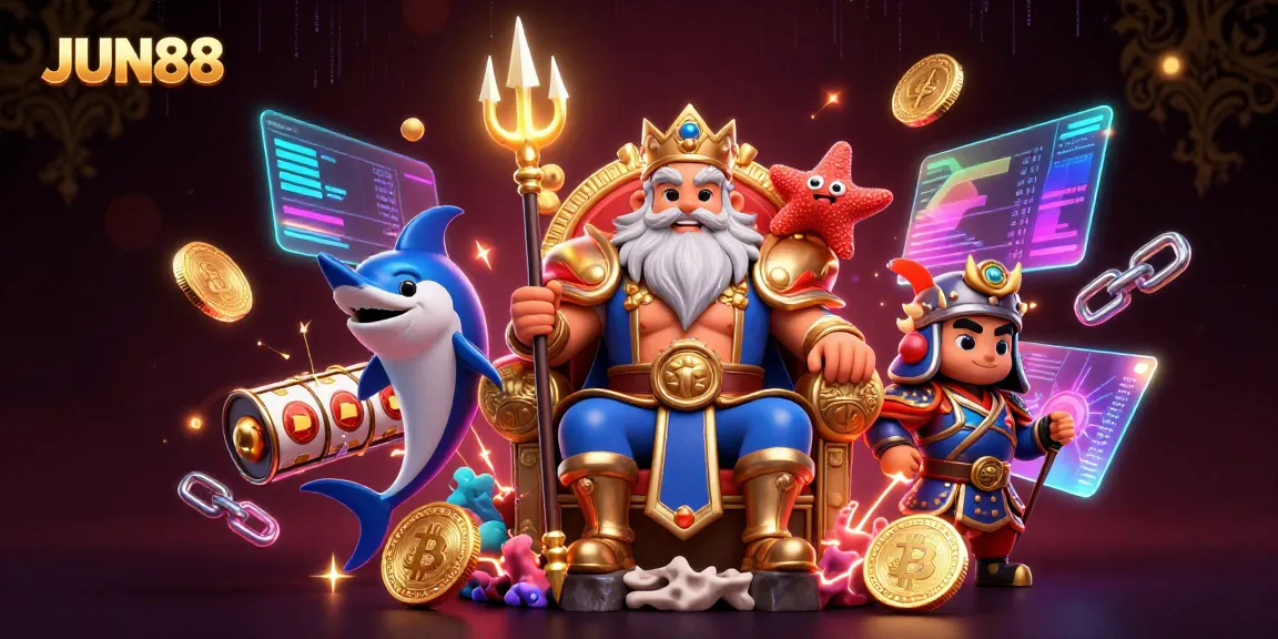 Experience JUN88 gaming with Neptune and samurai amidst glowing casino elements.
