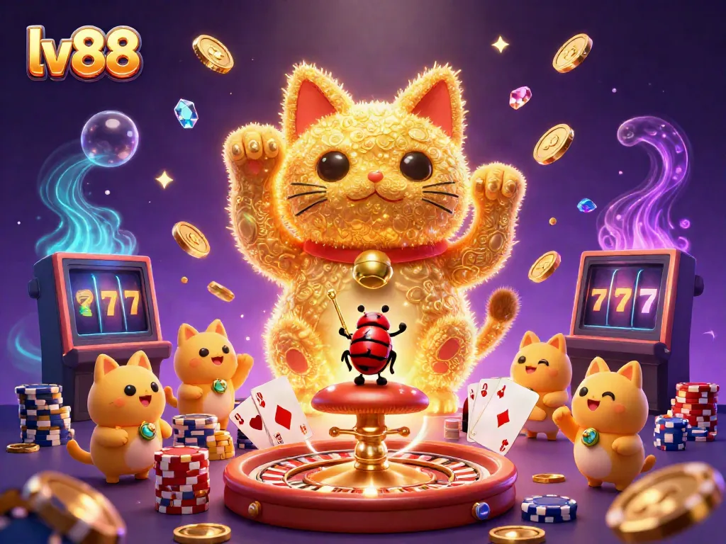 Experience the excitement of lv88 with a vibrant illustration featuring a lucky cat and dynamic casino symbols.