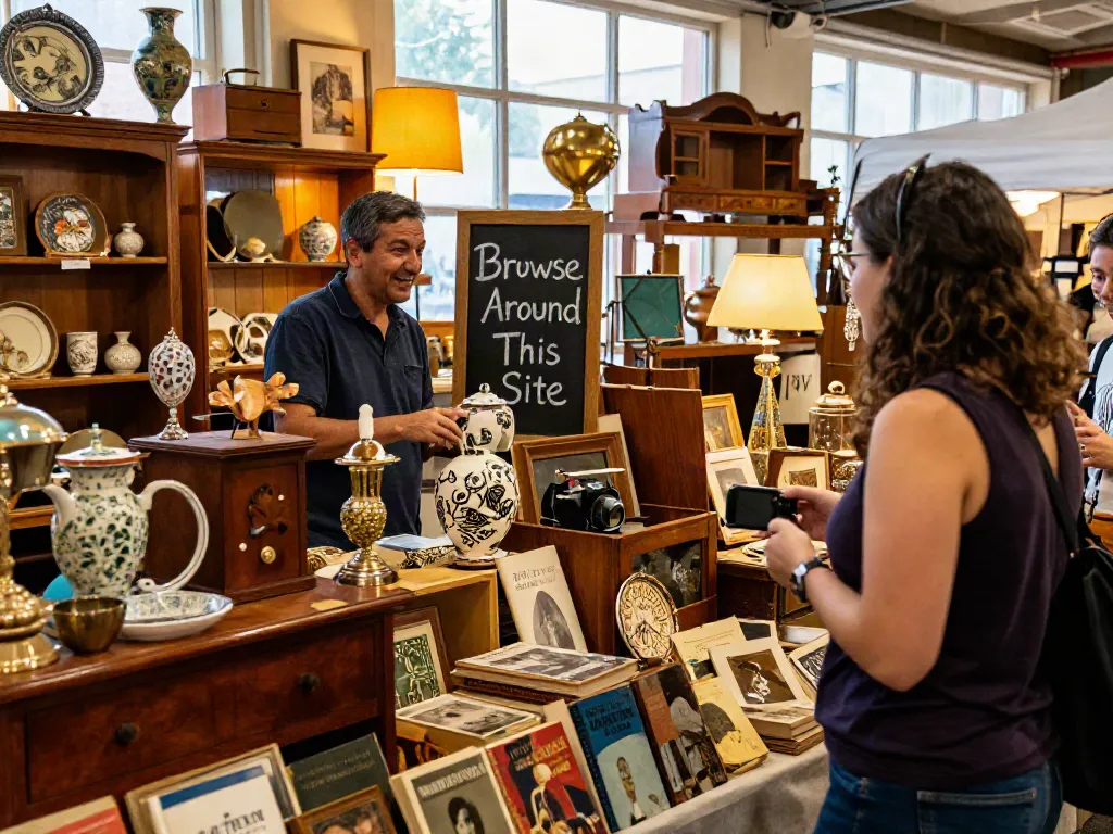 Shoppers browsing unique antiques at a warm, inviting market, showcasing vintage treasures and decorative items while exploring the concept to browse around this site.
