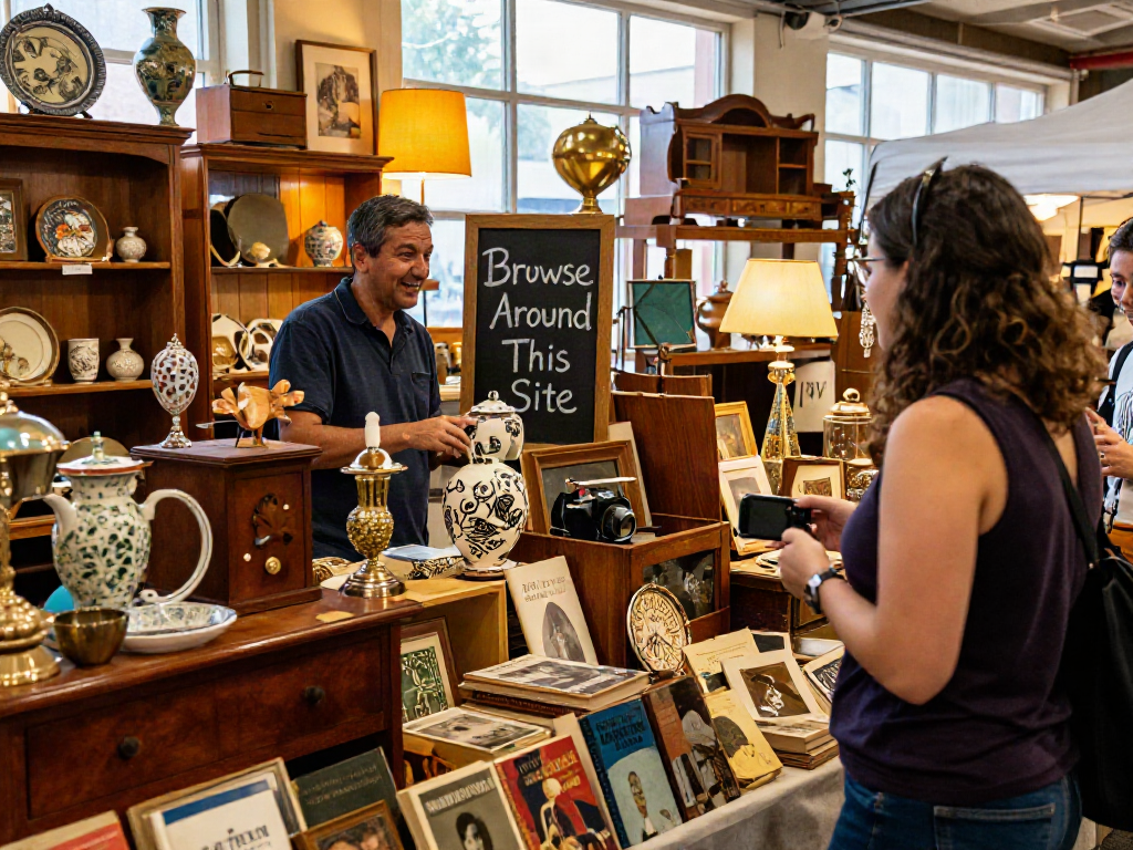 Shoppers browsing unique antiques at a warm, inviting market, showcasing vintage treasures and decorative items while exploring the concept to browse around this site.