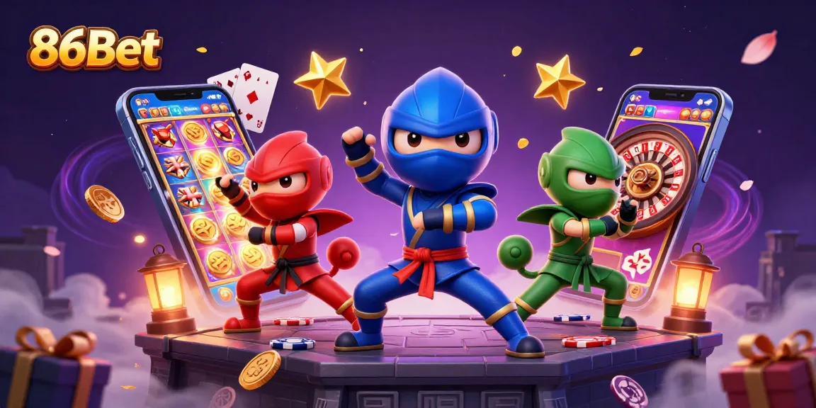 Experience thrilling gameplay at 86Bet while engaging with 3D chameleon ninjas mastering their skills.