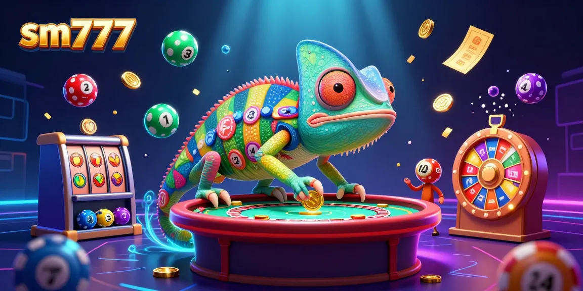 Experience the vibrant energy of sm777 with a chameleon casino owner, colorful game elements, and a rich gaming atmosphere.