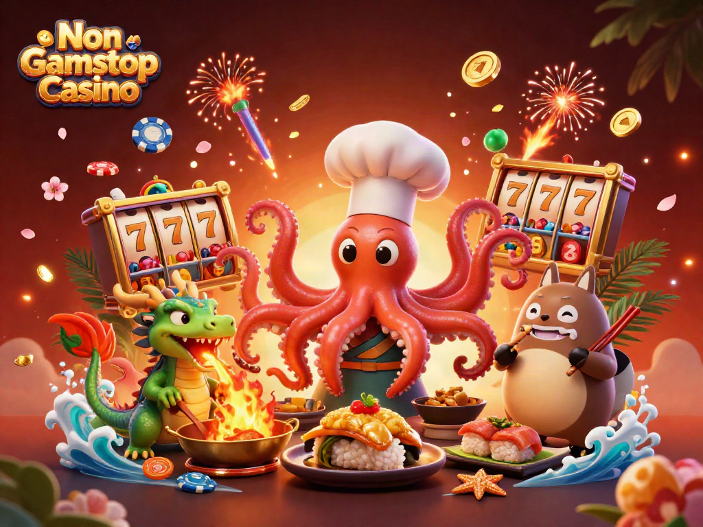Experience the excitement of a Non Gamstop Casino with an octopus sushi chef, dragon companion, and dynamic gaming elements.
