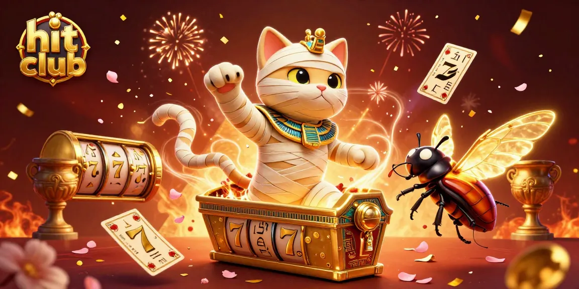 Hit club jackpot scene with Egyptian mummy cat and vibrant slot game elements.