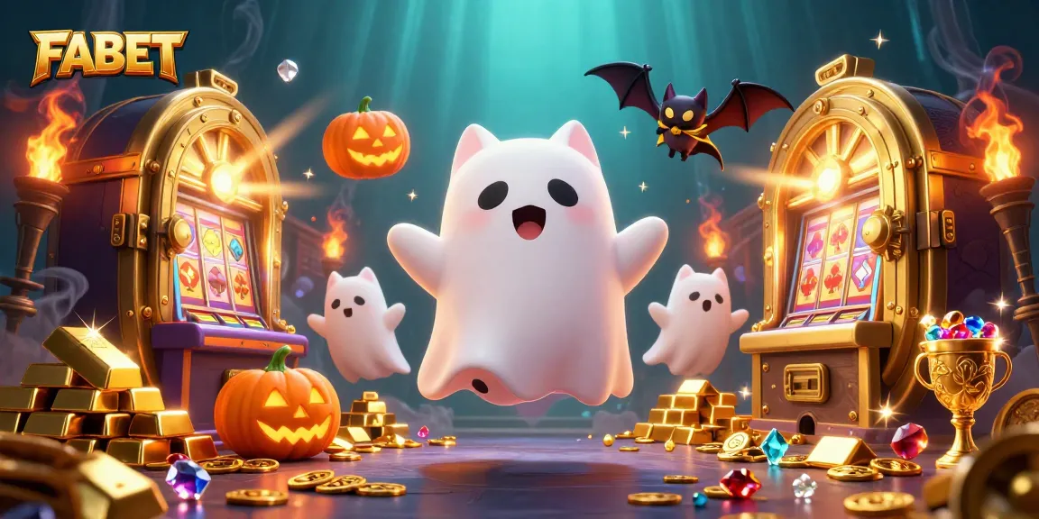 Experience FABET and its vibrant casino atmosphere with a ghost cat and bat amidst illuminating treasures.