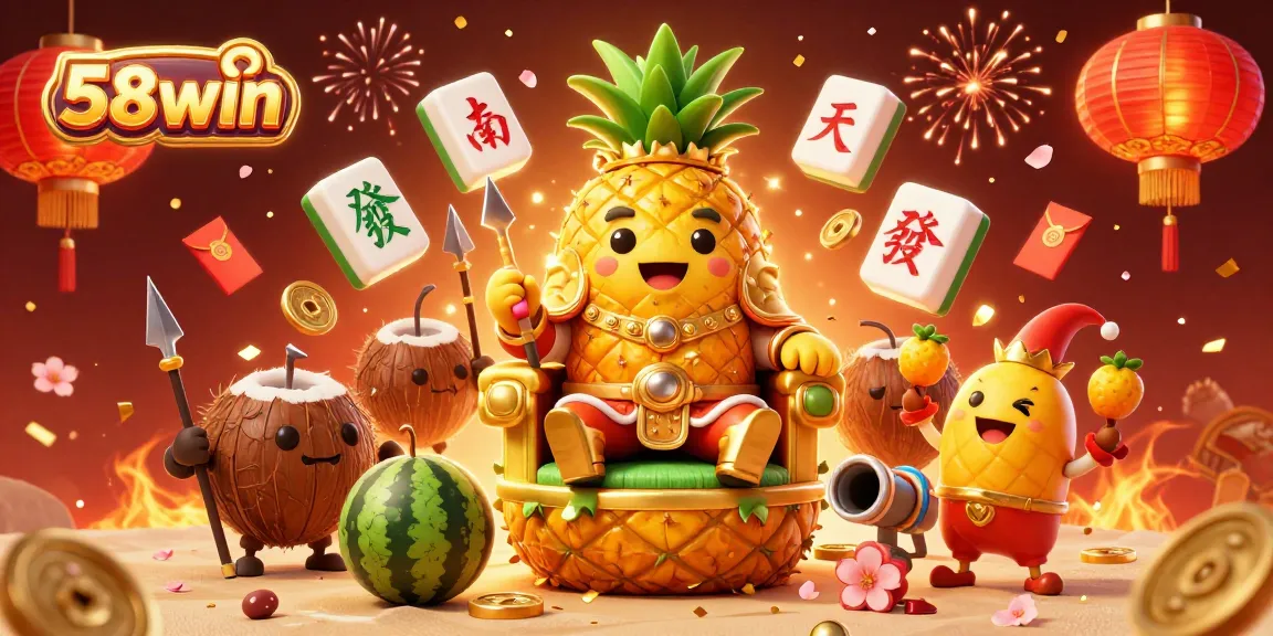 Experience excitement at 58win with a vibrant 3D cartoon scene of gaming royalty and festive elements.