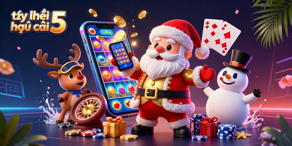 Experience the vibrant world of tỷ lệ kèo nhà cái 5 with Santa Claus, his reindeer, and a snowman in a lively casino scene.