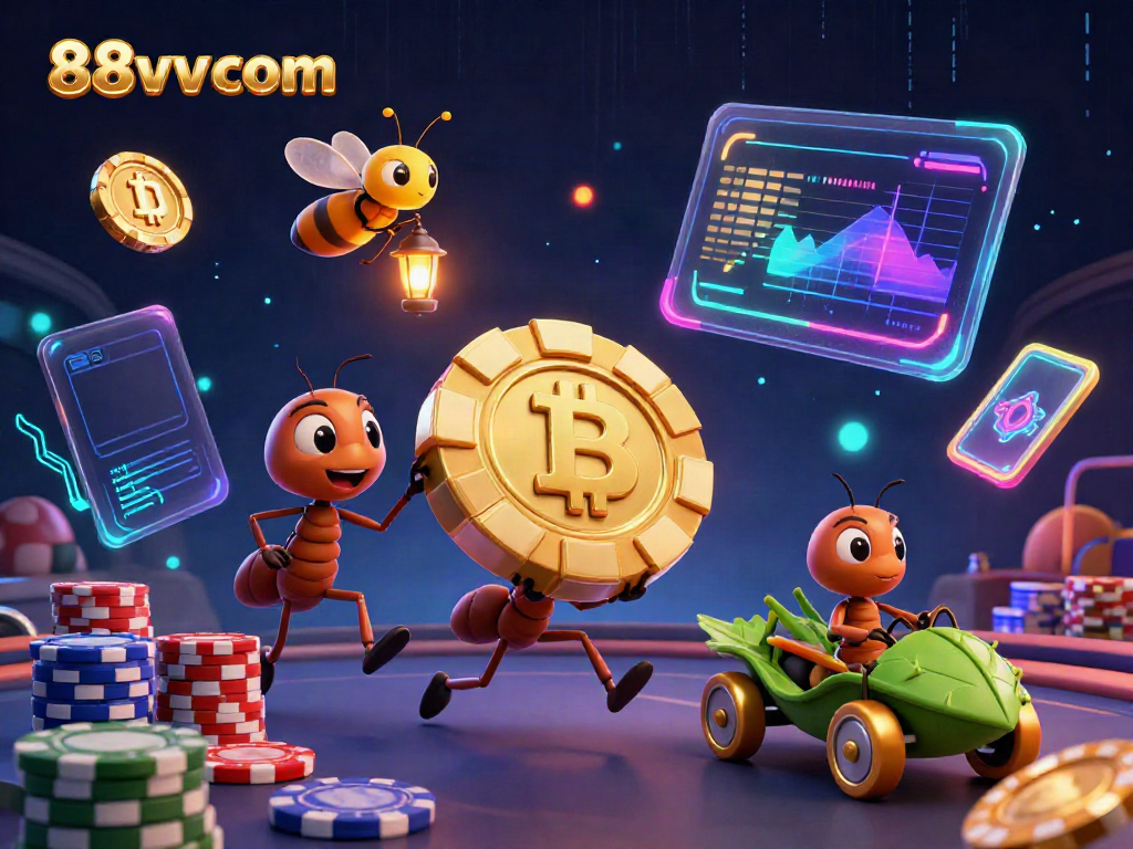 Engage with the thrilling world of 88vv com as ants embark on a poker heist, showcasing vibrant casino elements.