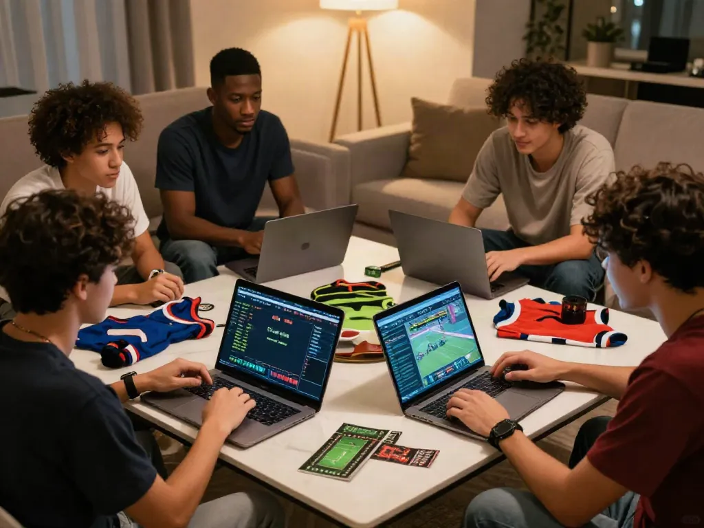 Exciting Gem88 online betting scene with friends discussing sports wagers.