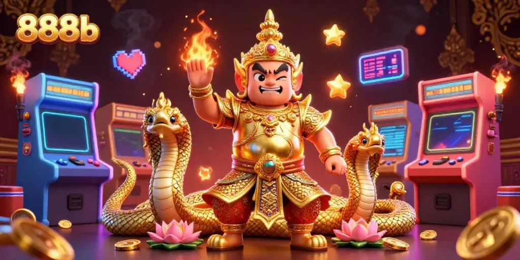 Engage with 888b's thrilling casino gaming, featuring a Thai guardian with Naga companions and dynamic game elements.