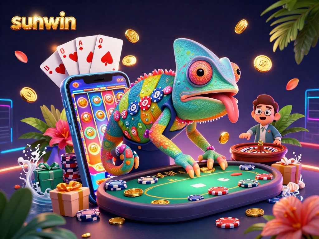 Engaging scene with the sunwin chameleon owner capturing golden coins, surrounded by vibrant casino elements.