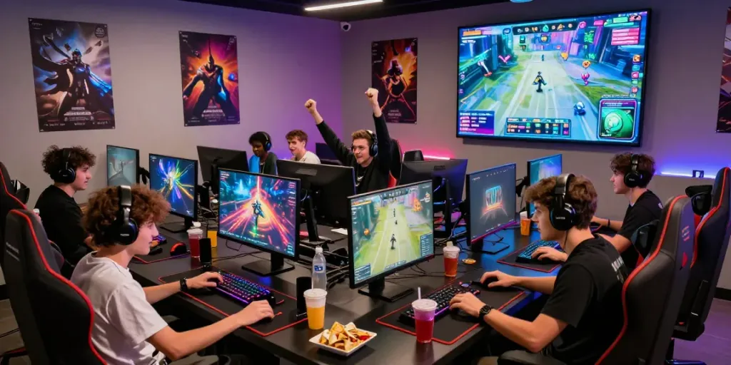 Young gamers in a competitive setting enjoying rokok88 alternatif games.