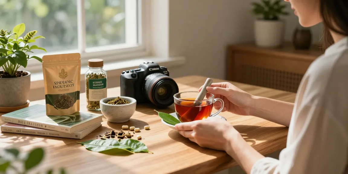 Happy Go Leafy's red bali kratom tea preparation in a cozy setting with fresh herbs.