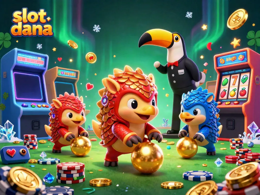 Experience vibrant slot dana gameplay with rival pangolins and dynamic casino elements in a striking 3D illustration.