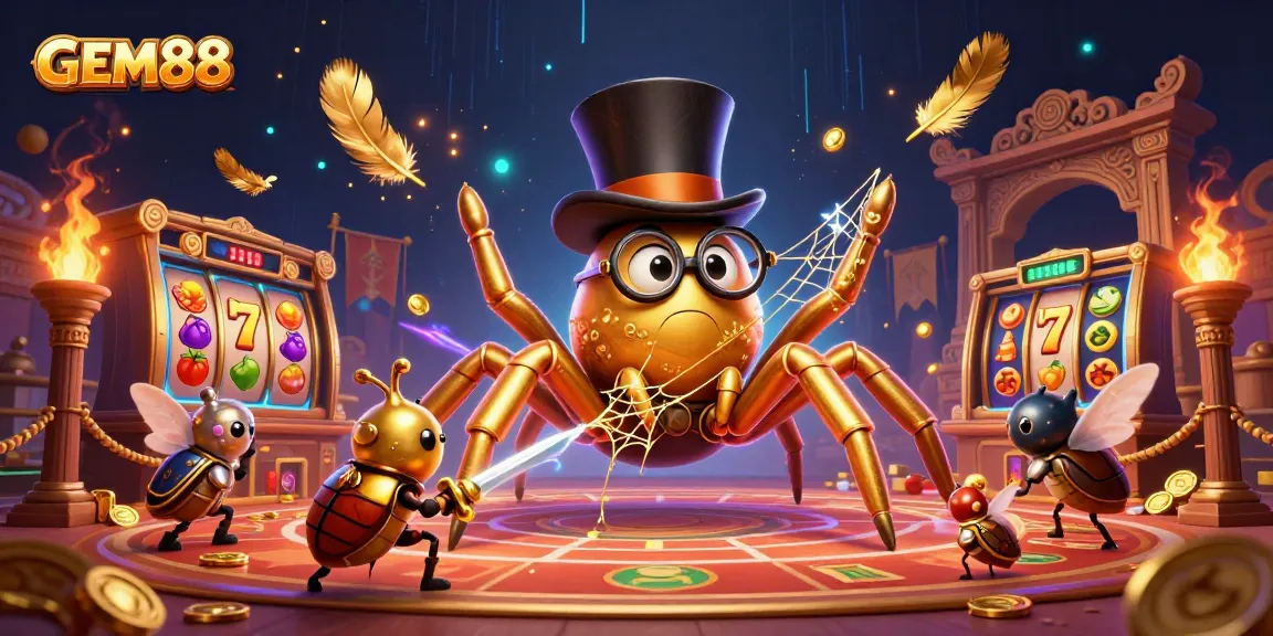 GEM88 showcases an epic casino scene with a golden tarantula and knight amidst dynamic slot reels.