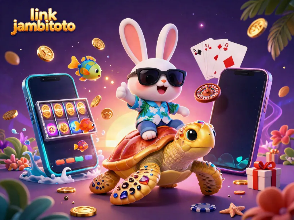 Experience fun with link jambitoto as a lucky rabbit rides a golden turtle amidst vibrant casino excitement.