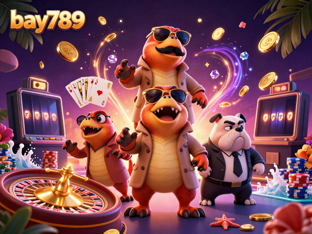 Experience big wins at bay789 with a fantasy scene of raptors in a trench coat and a bulldog bouncer at a casino.