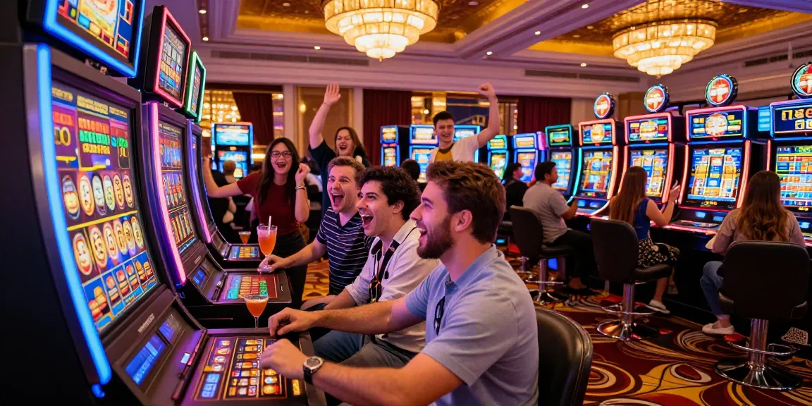 Engaged players celebrating a win at a rokok88 slot machine in a lively casino