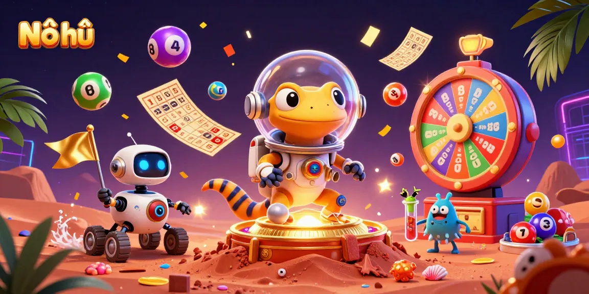 Spin the reels and win big with Nổ hũ games, featuring dynamic lottery elements and alien celebration.