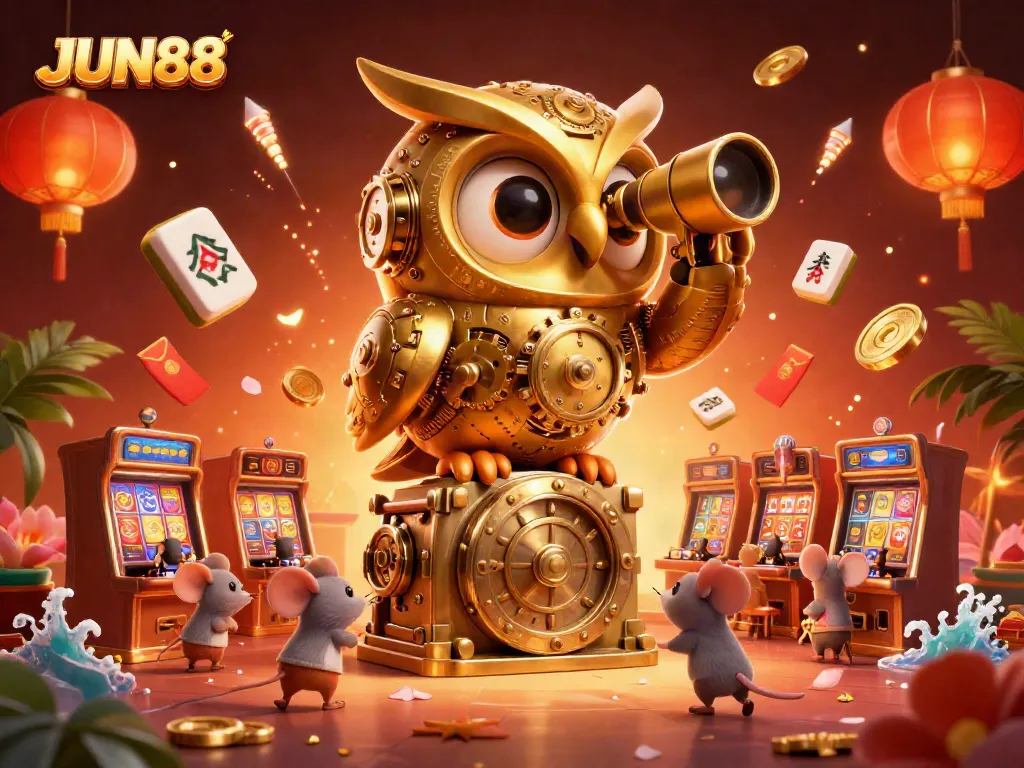 Experience the excitement at JUN88 with a captivating 3D illustration showcasing a golden owl and vibrant casino elements.