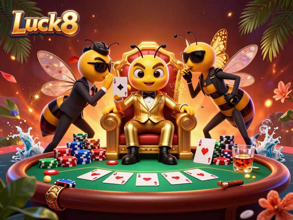 Luck8 casino mob boss preparing for a poker game with animated characters in a vibrant atmosphere.