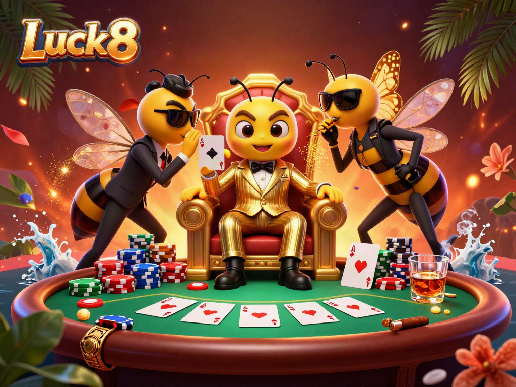 Luck8 casino mob boss preparing for a poker game with animated characters in a vibrant atmosphere.