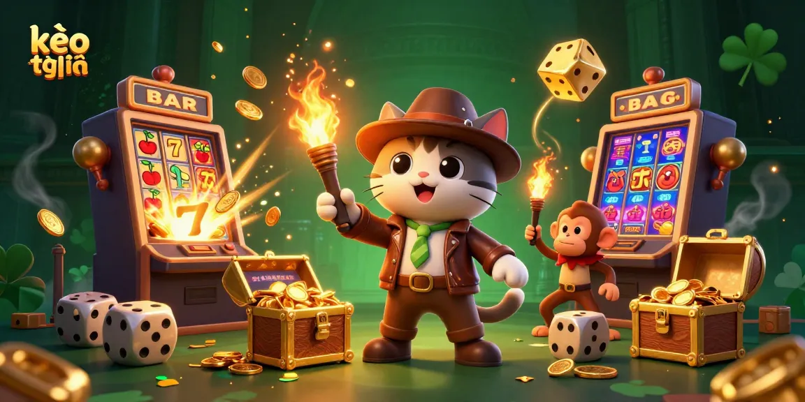 Experience the thrill of kèo trực tuyến with a cartoon explorer cat and monkey amid golden treasures.