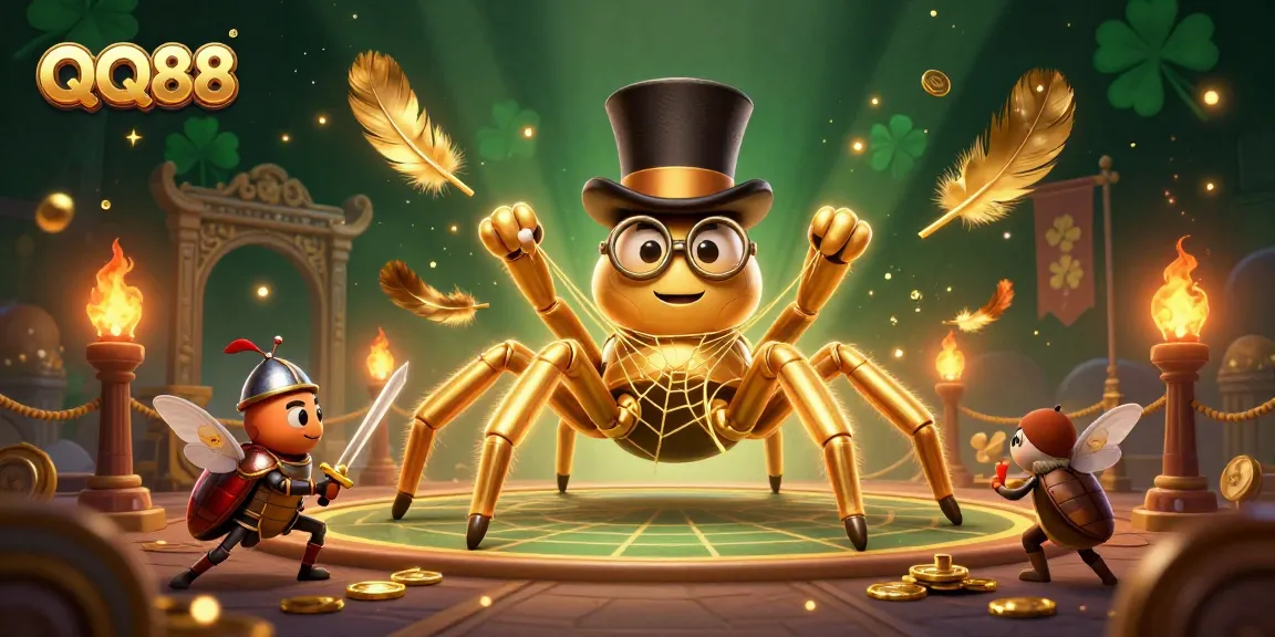 Engage with QQ88's vibrant casino universe, featuring a golden tarantula and a brave beetle knight.
