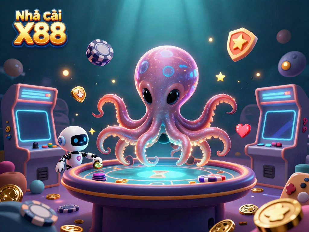 Engage in thrilling poker with Nhà cái X88 while a funky alien octopus and robot animate your experience.