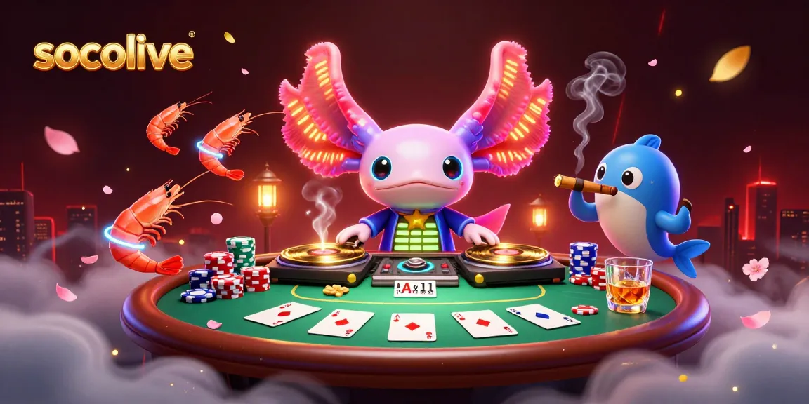 Socolive showcases a vibrant underwater casino scene with a neon axolotl DJ and poker elements.