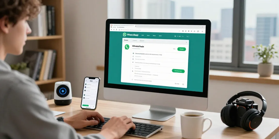 Engaging workspace showcasing user interacting with WhatsApp電腦版 on desktop computer with coffee, smartphone notifications, and tech gadgets.